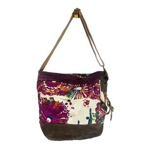 Lucky Brand Canvas Suede Floral Handbag Tote Purple Ivory Brown Adjustable